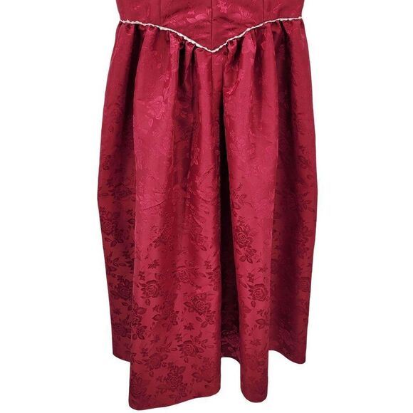 Vtg 80s Handmade Red Floral Jacquard Dress Sz M Fit & Flare Victorian Revival - Picture 5 of 9